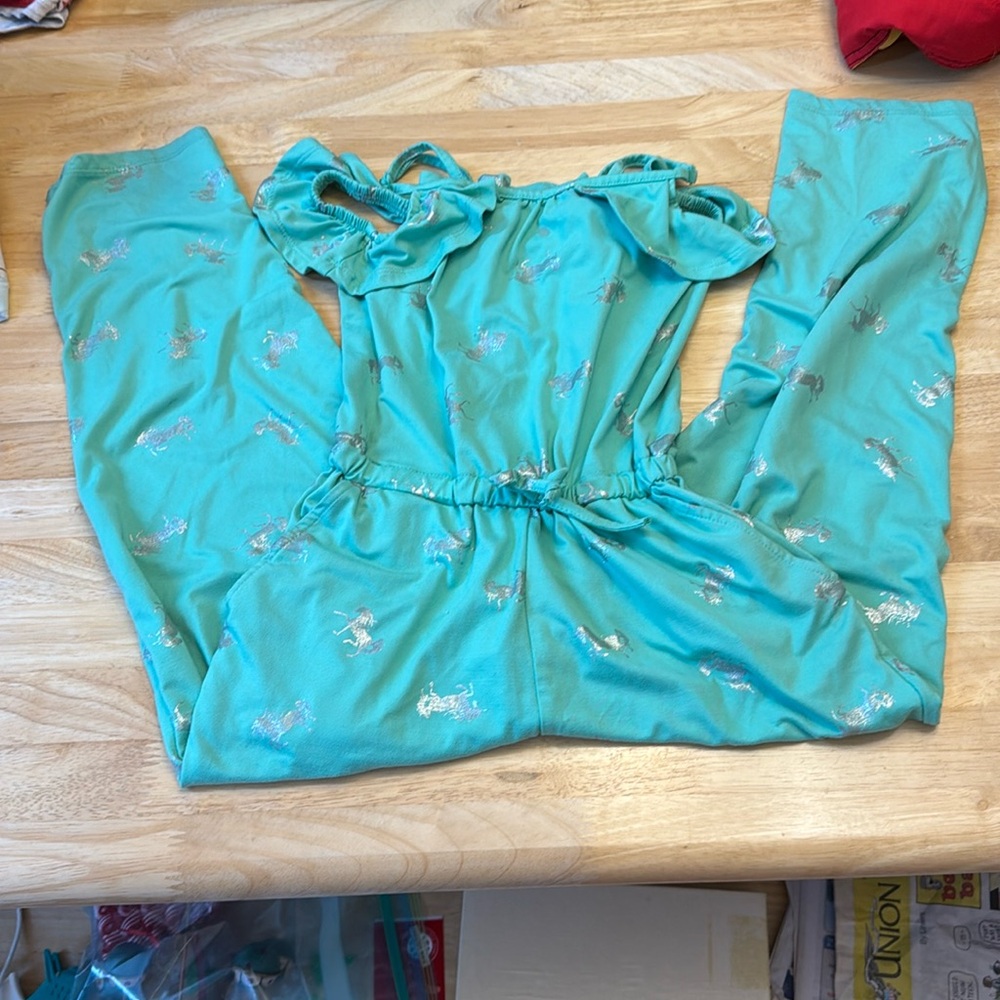 ⛱️2/$5⛱️Extremely Me, girls one piece , green w silver unicorns, 7/8, clean